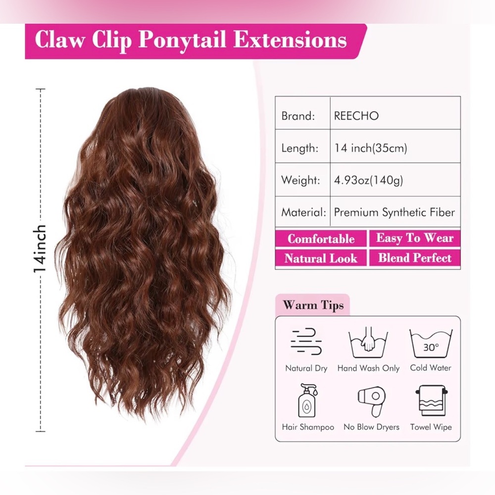 14" Ponytail Extension, Short Claw Multi Layered Clip on dark copper for party - Picture 2 of 7